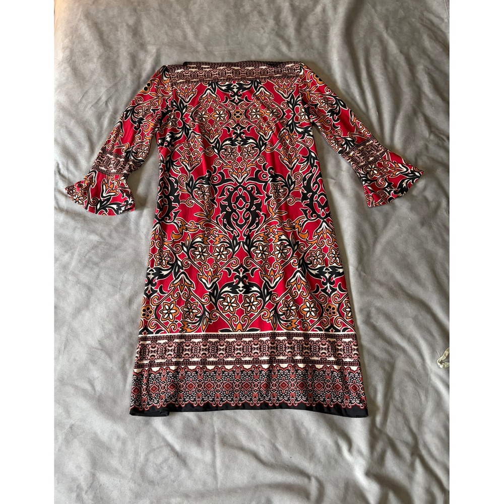 Sandra Darren Red Medallion Paisley Bell Sleeve Shift Dress Petite 6P